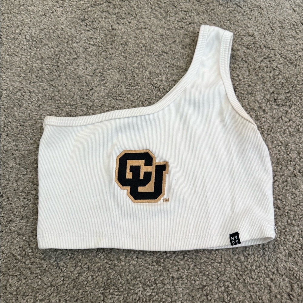 White One-Shoulder Crop Top with CU Boulder Logo